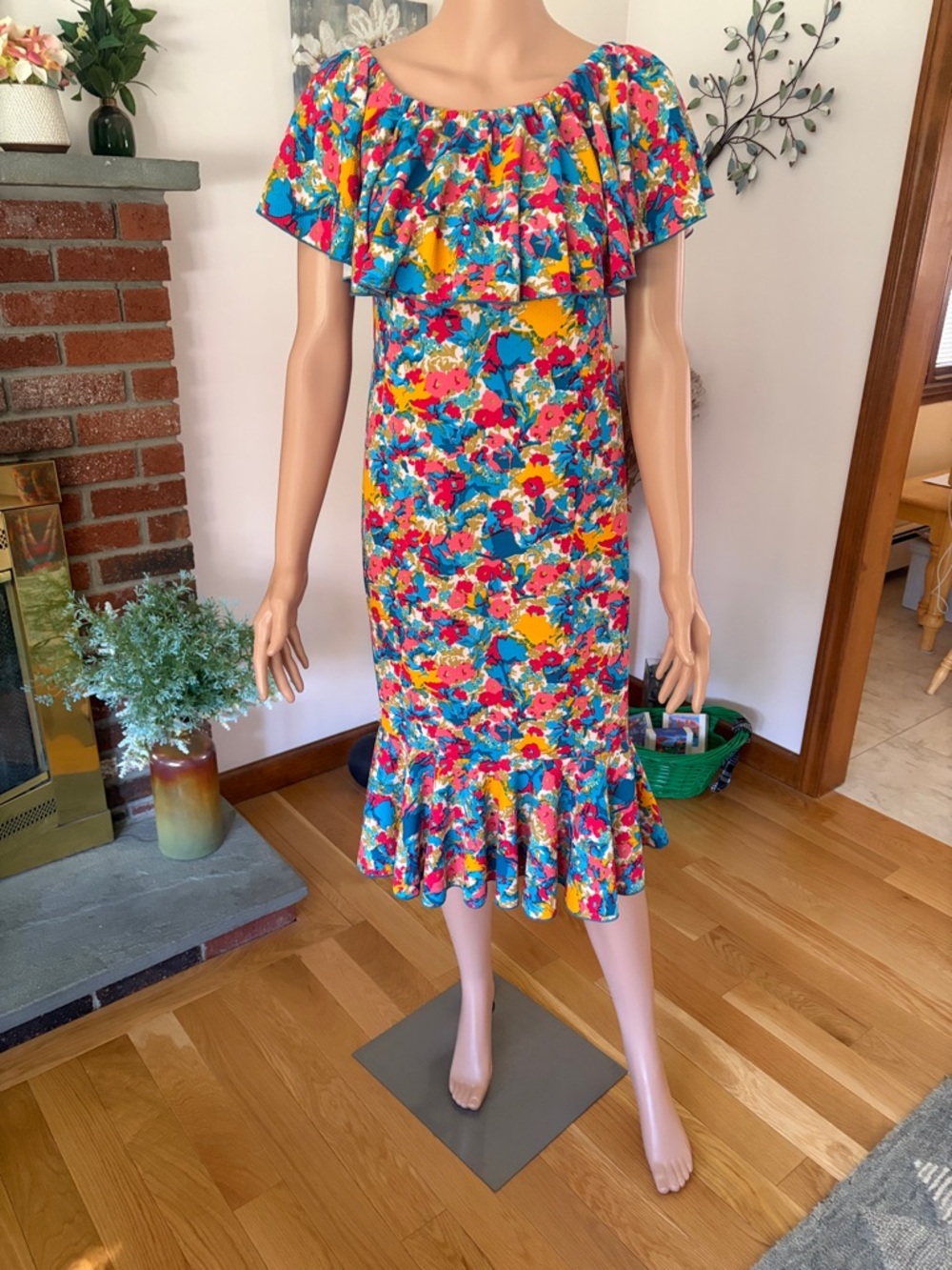 LuLaRoe Bright Floral Ruffle Midi Dress in Blue, Yellow, Pink